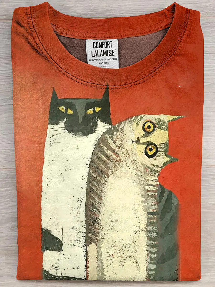 Retro Cat Art Print Casual Pure Cotton Short Sleeved T-shirt