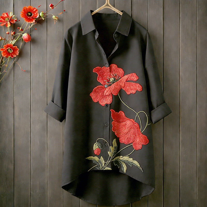 Women's Memorial Day Poppy Art Printed Casual Longline Shirt