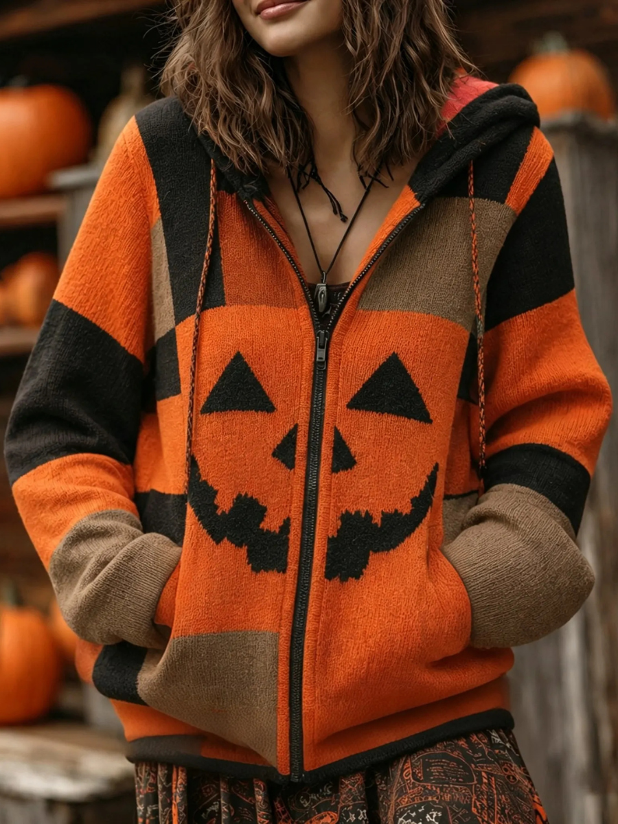 Women's casual Halloween printed zipper hood
