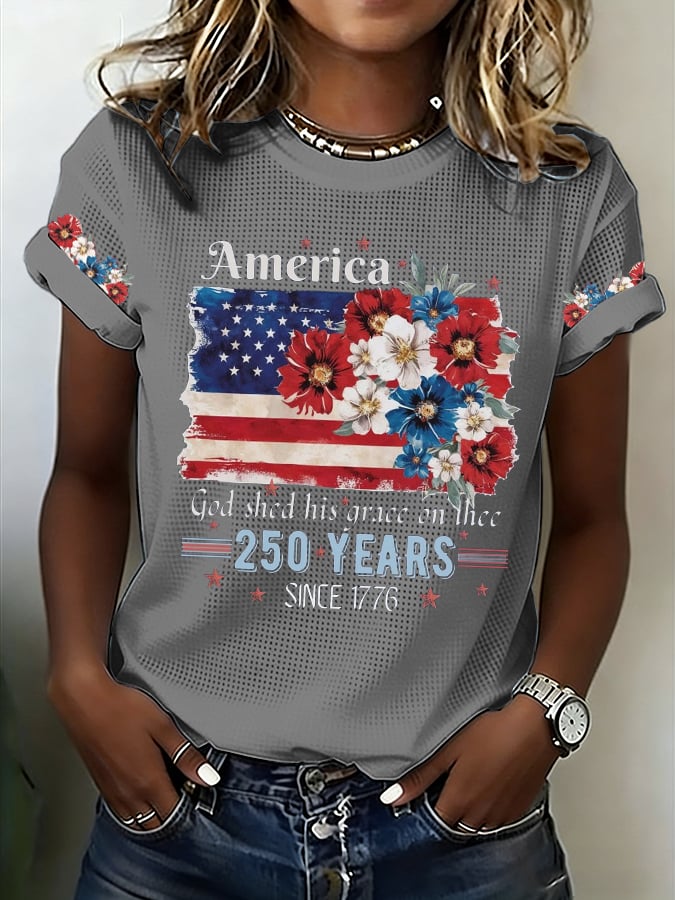 Women's 250th Anniversary National Flag Floral Print Casual Waffle T-shirt