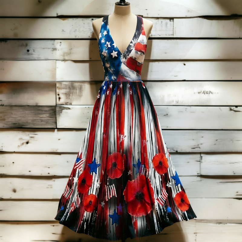 Women's Patriotic-Style Maxi Dress — Flowing Maxi Dress with American Flag and Poppy Floral Print