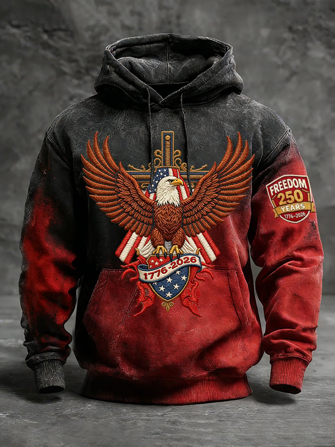 Men's winter vintage-style hooded sweatshirt with American 250th anniversary print.