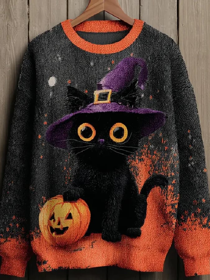 🔥HOT SALE🔥Women's Casual Halloween Witch Black Cat Long Sleeve Top