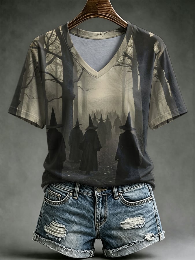 Women's Halloween Print V Neck T-Shirt