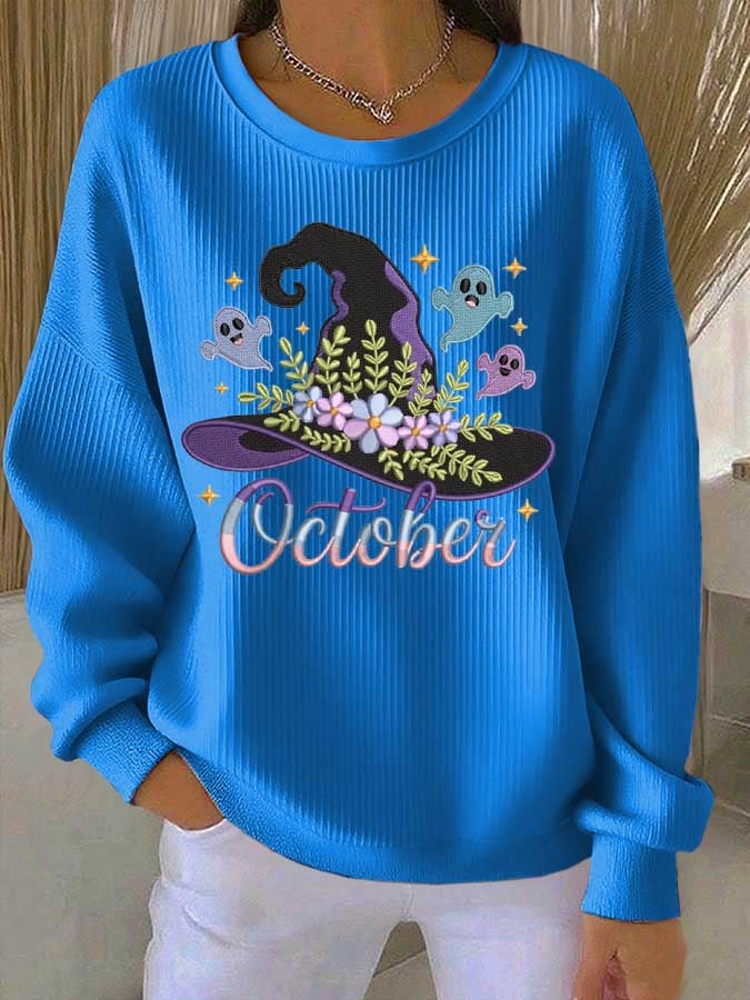 Women's Halloween Witch Hat Printed Crew Neck Long Sleeve Top