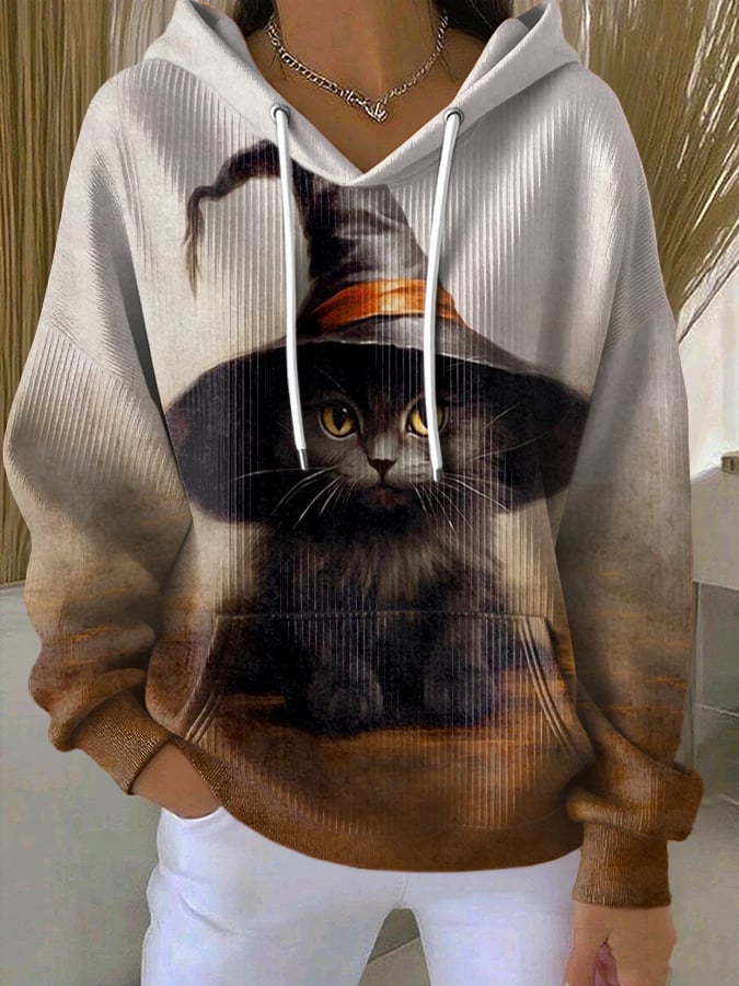 Women's Retro Funny Black Cat Witch Hat Print Casual Hoodie