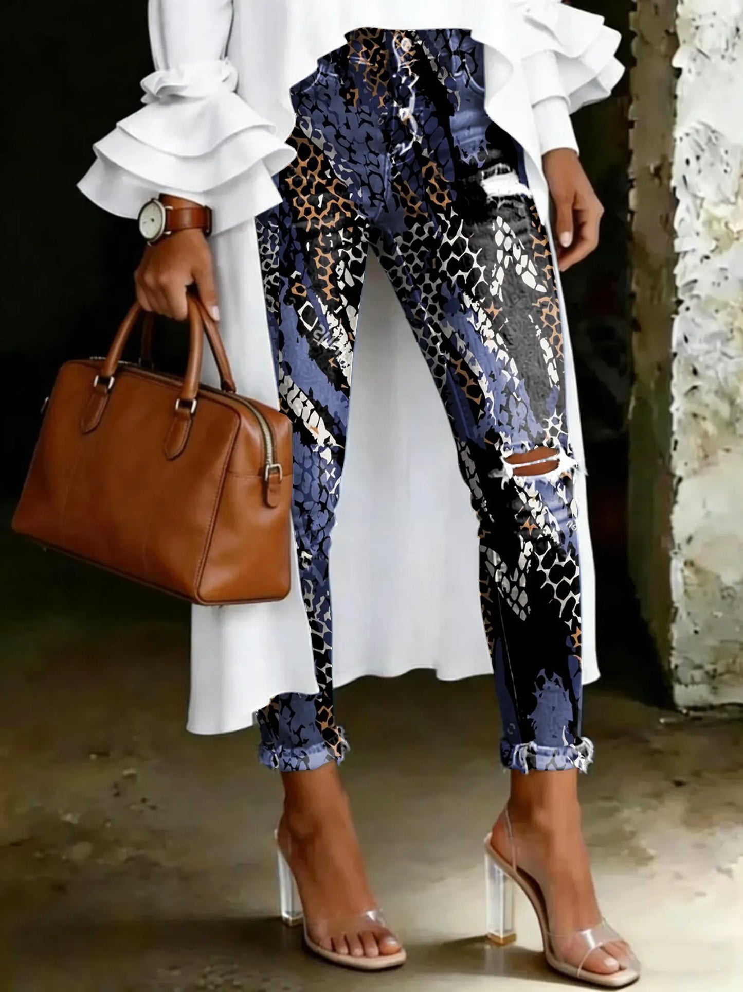 Women's Vintage Leopard Totem Print Casual High-waisted Ripped Skinny Jeans
