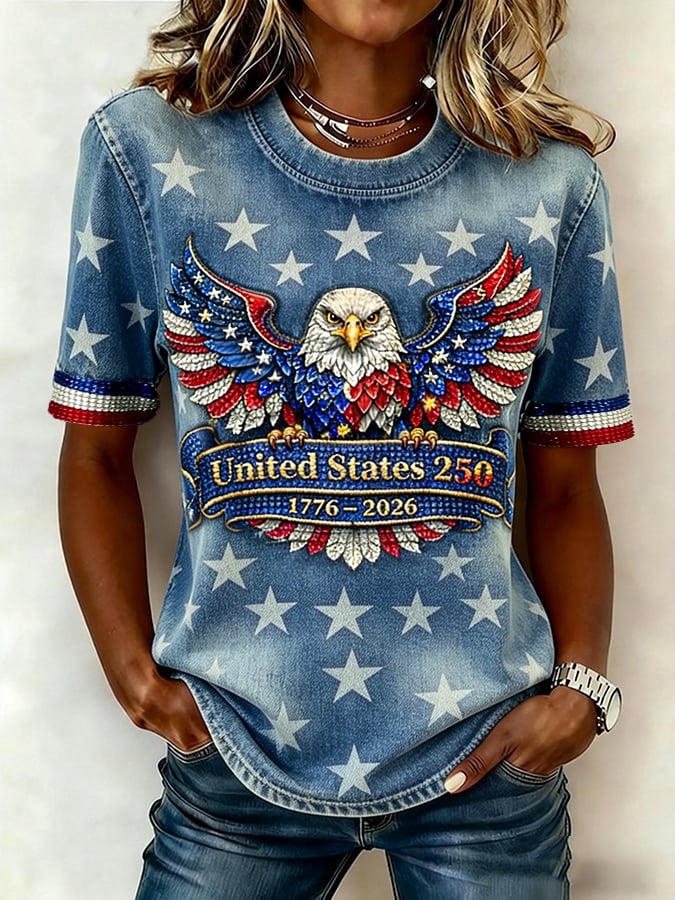Women's American 250 Retro Distressed Pattern Print Casual Short-Sleeve T-Shirt