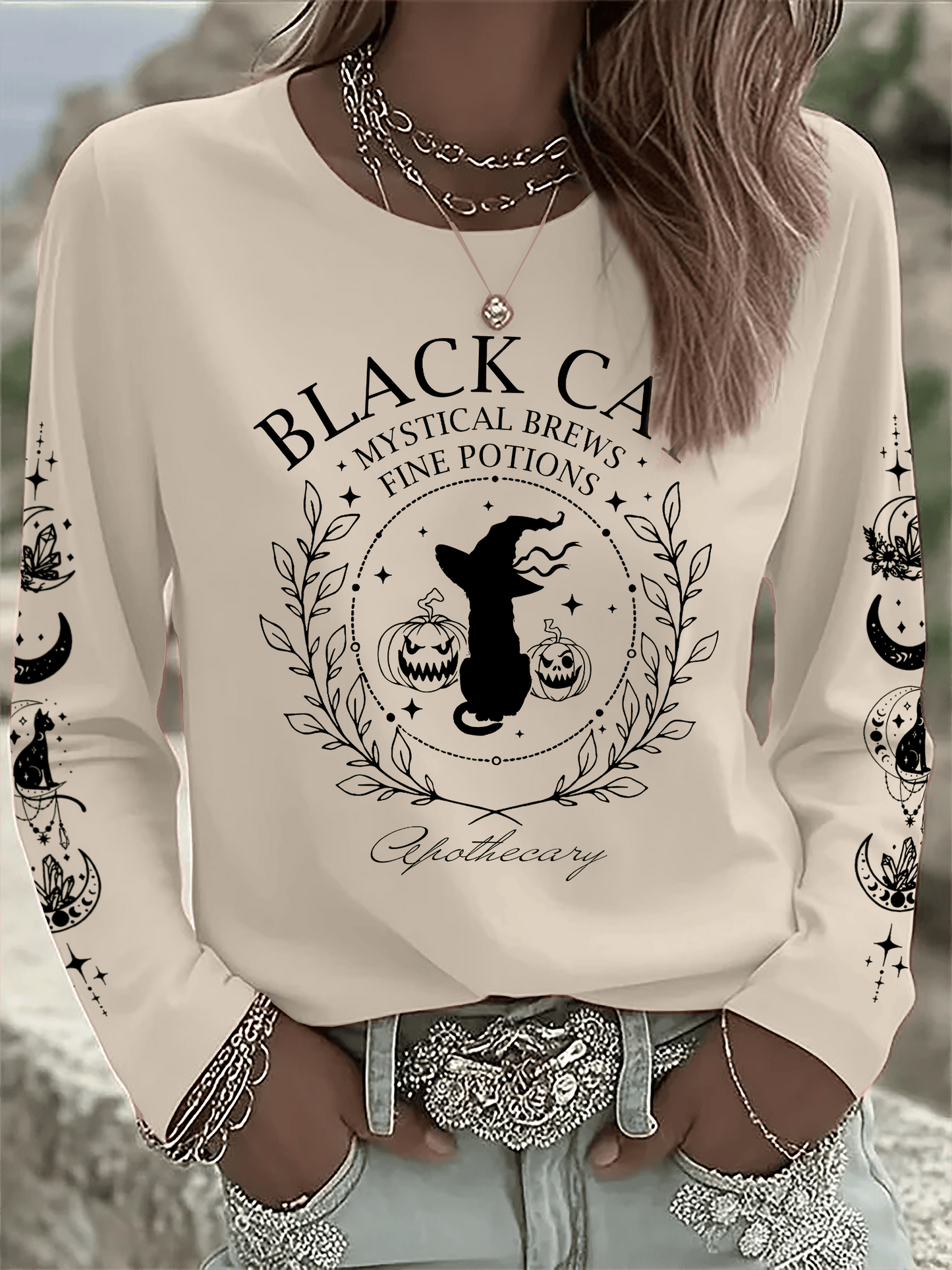 🔥HOT SALE🔥Women's Black Cat Mystical Brews Fine Potions Apothecary Print Long Sleeve T-Shirt