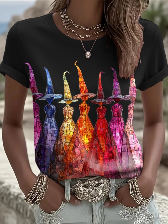 Women's Halloween Printed Round Neck T-Shirt