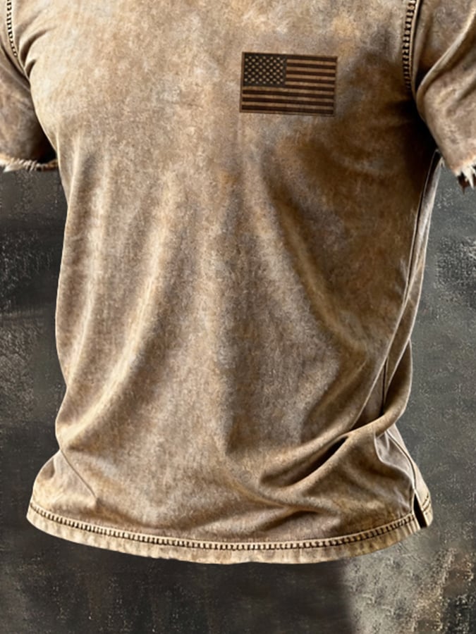 Men'S Vintage "Patriot" Pure Cotton Washed & Distressed V-Neck Short-Sleeve T-Shirt