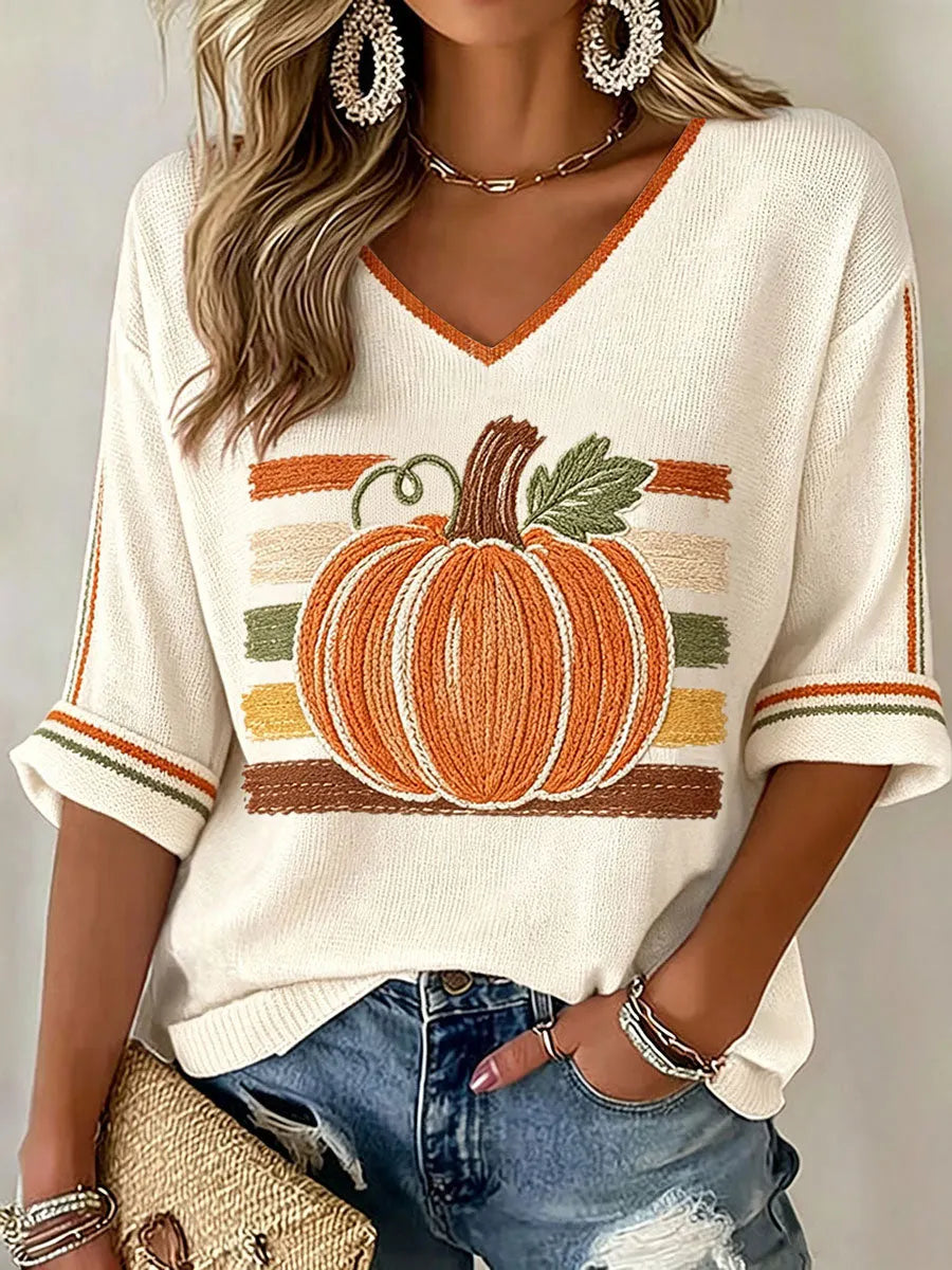 Women's Fall Pumpkin V-Neck Tops