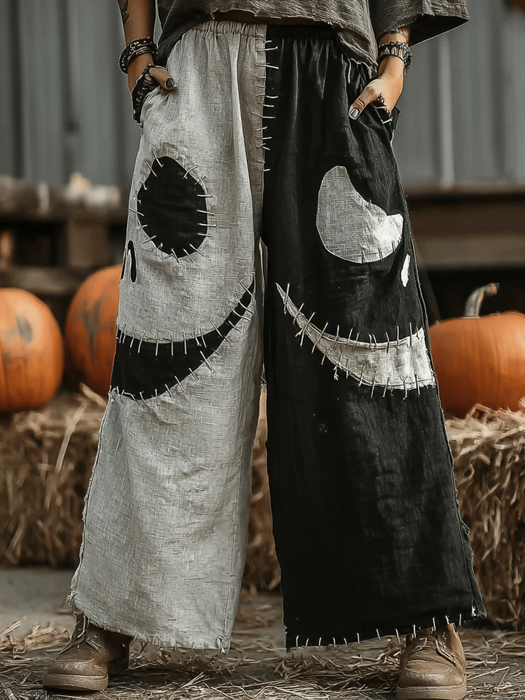 Women's Retro Halloween Spooky Smiley Face Casual Printed Wide-Leg Pants