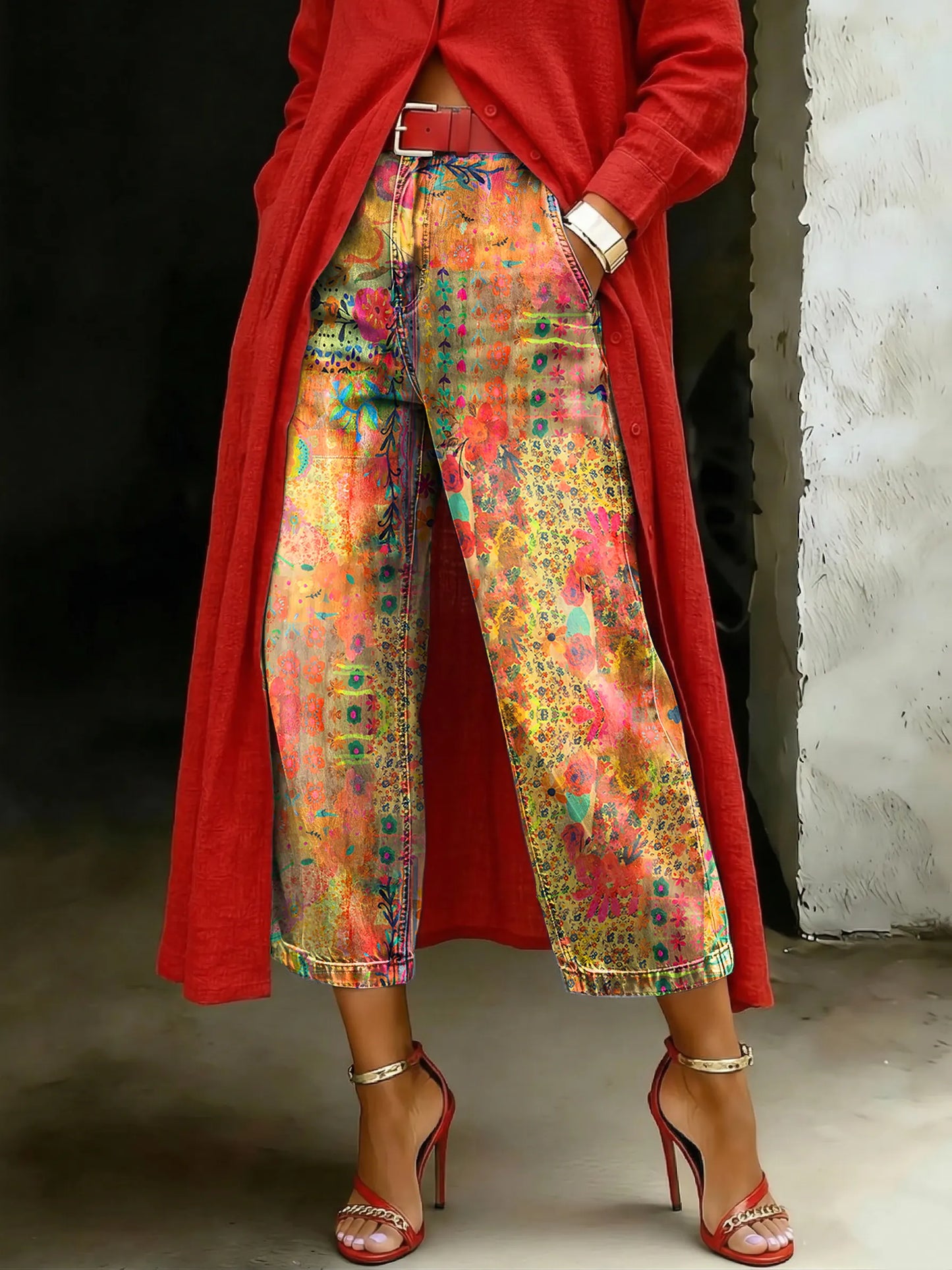 Women’s Vintage Floral Casual Wide Denim Pants
