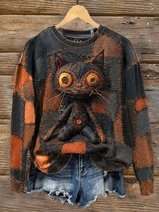 Women's Retro Halloween Cat Art Print Casual Sweatshirt