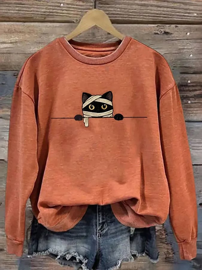Women's Halloween Cat Print Casual Sweatshirt