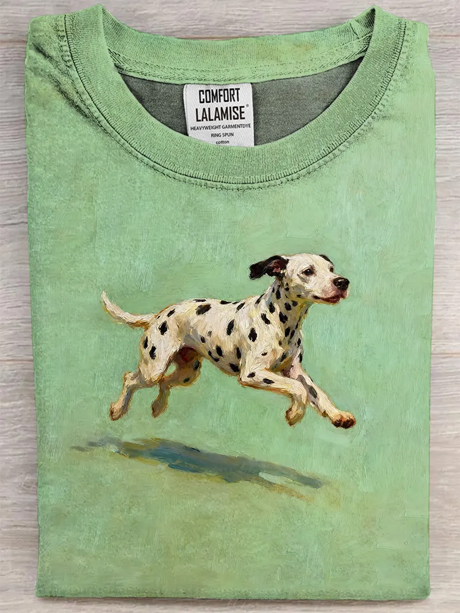 Retro Dog Dalmatian Run Fun Art Print Casual Pure Cotton Short Sleeved T-shirt