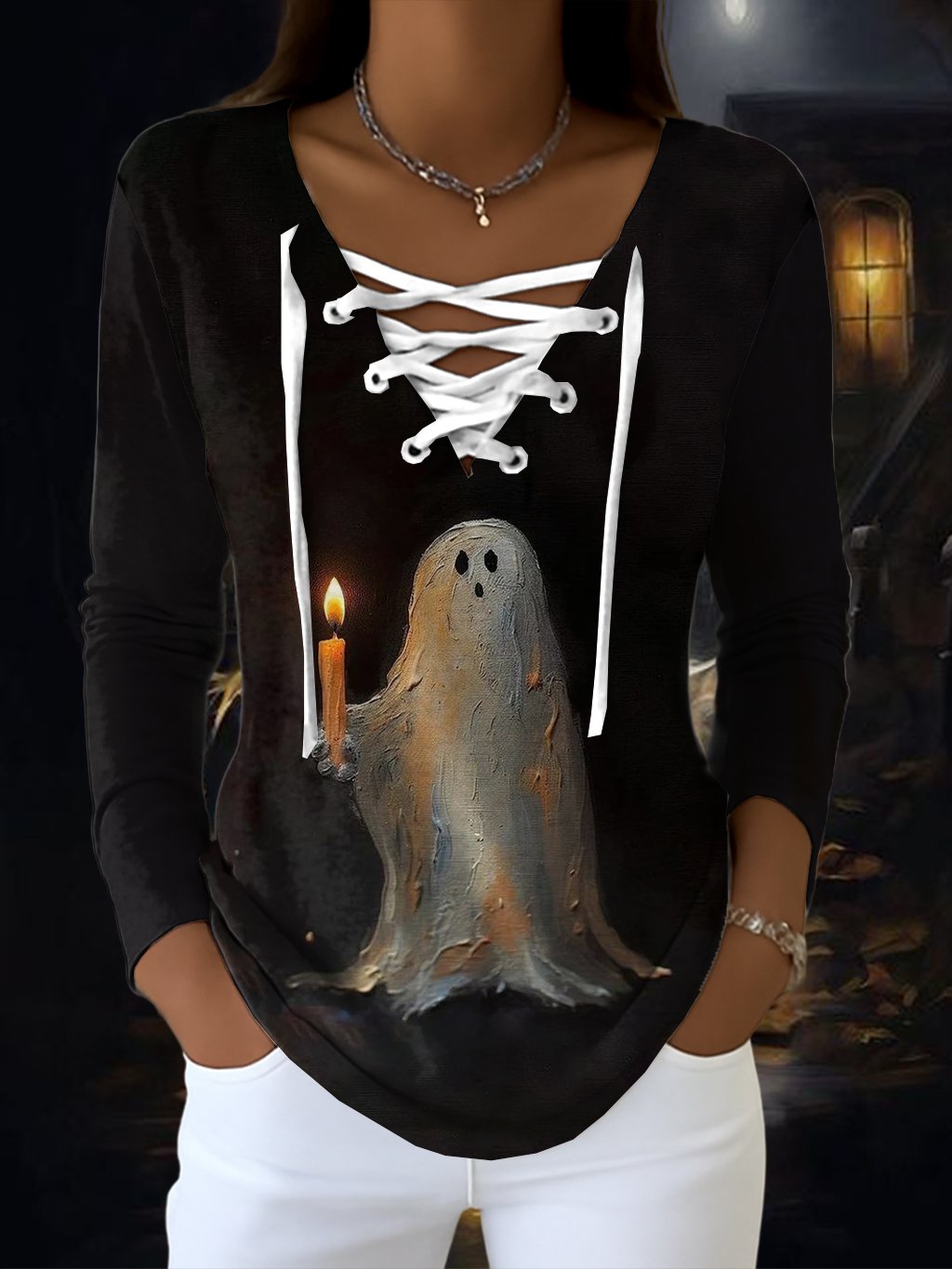 Women's Retro Halloween Ghost Print V-Neck Tie Top