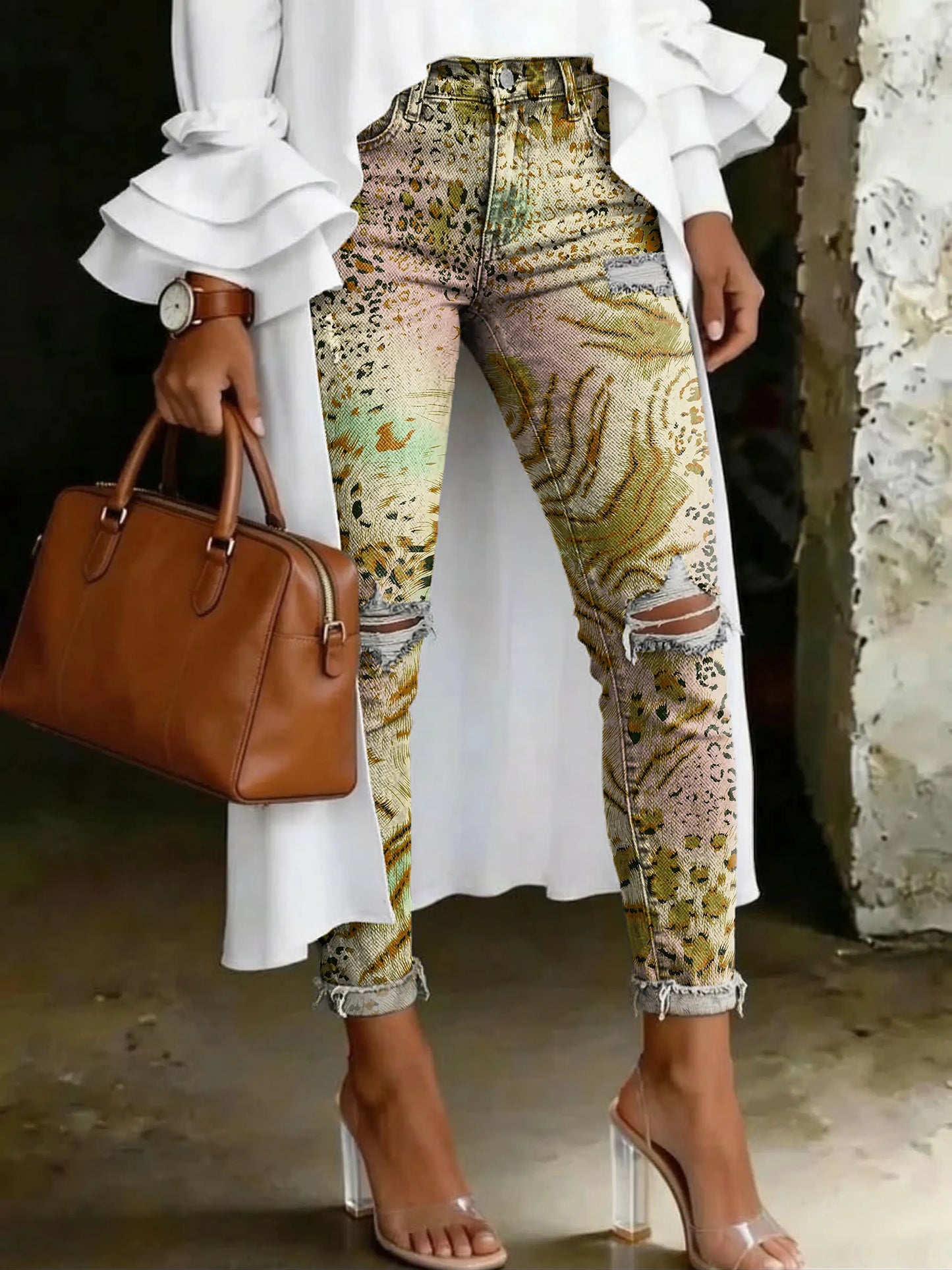 Gradient Leopard Print Artistic Print Casual Skinny Ripped Jeans