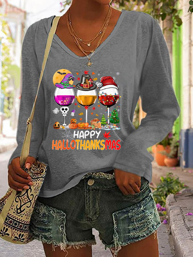 Women's Happy Hallothanksmas Wine Print Long Sleeve V-Neck T-Shirt