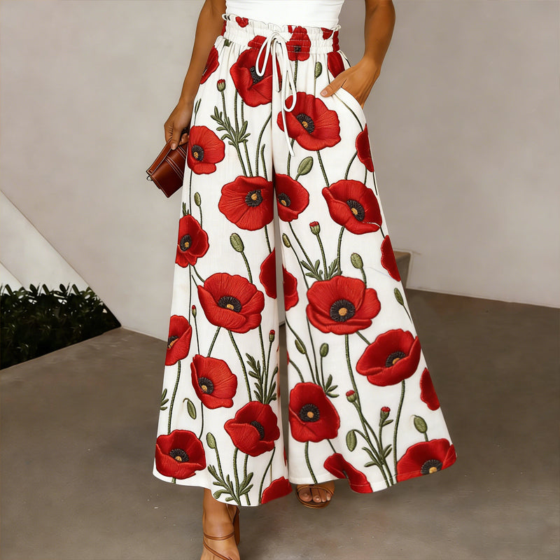 Women's Memorial Day Poppy Art Print Casual Wide-Leg Pants