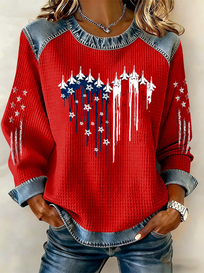 Women's casual retro national flag-themed waffle-knit sweatshirt