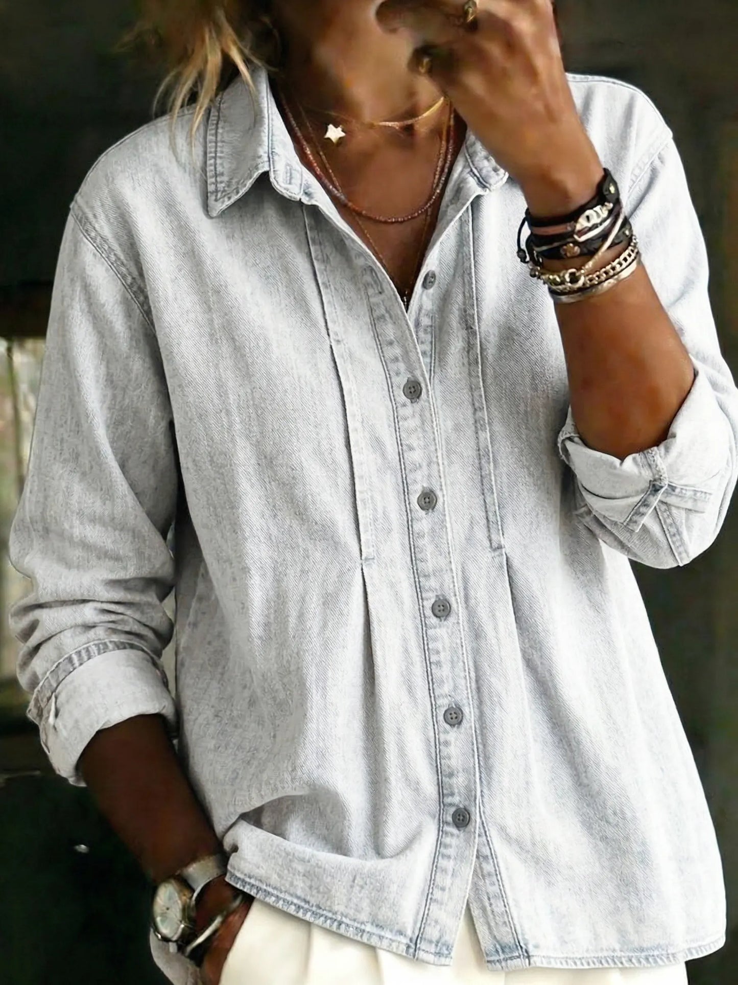 Casual Solid-color Pleated Long-sleeve Washed Cotton Denim Shirt