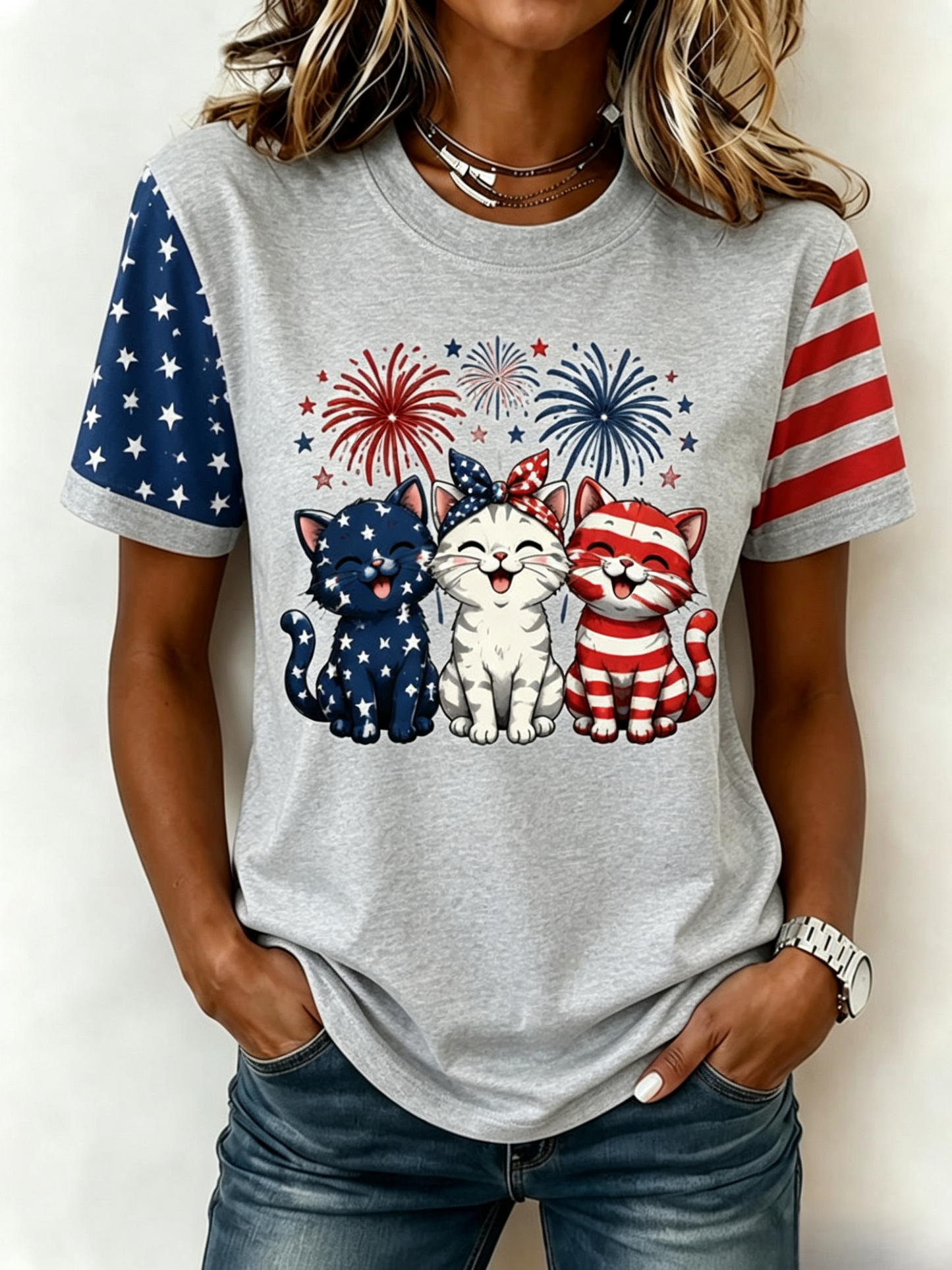 Women's American 250 Flag Kittens Printed Casual T-shirt