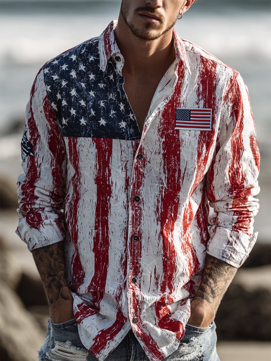 Men's American Retro 250th Anniversary Linen Long-Sleeve Shirt