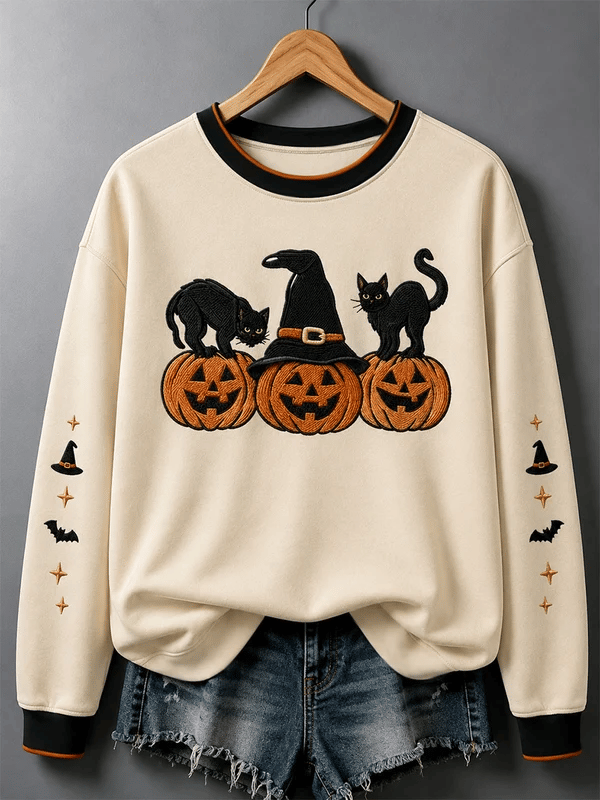 Women's Halloween Black Cat Pumpkin Print Casual Sweatshirt