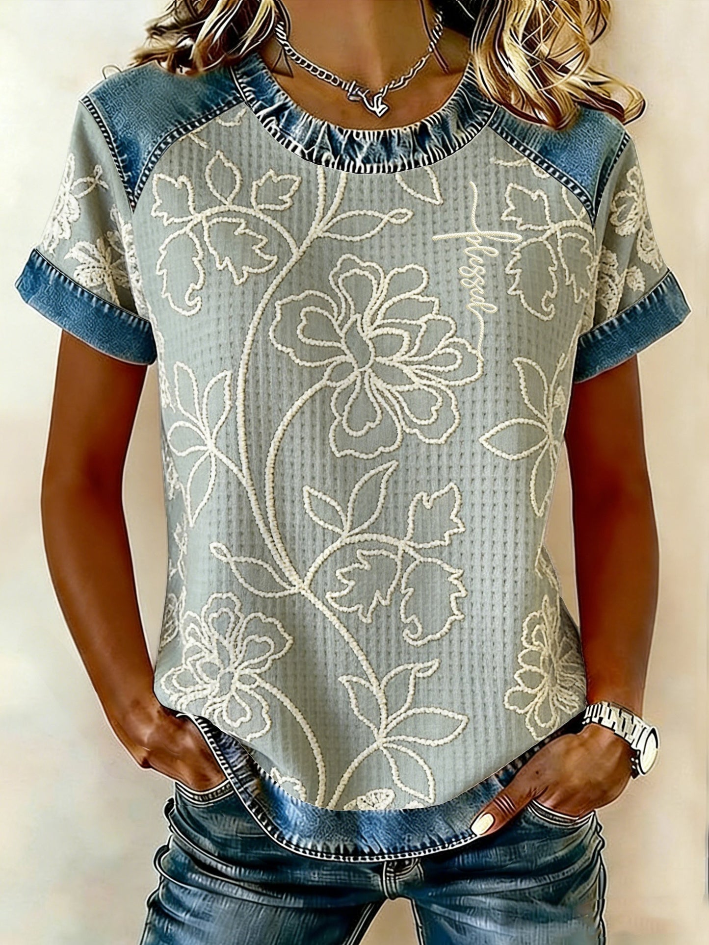 Women's Floral Print Faux Denim Casual Top