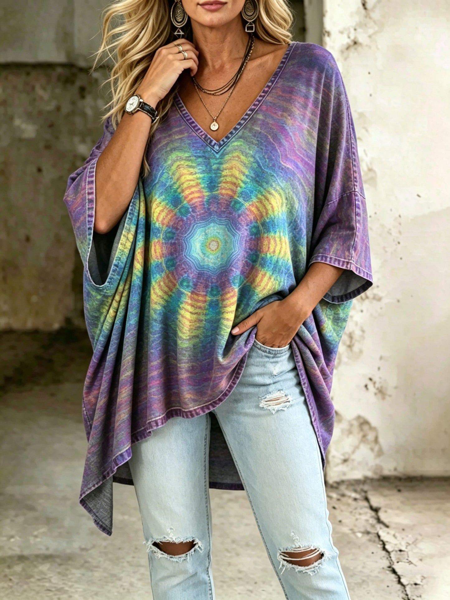 Ethnicity Kaleidoscope Purple Women's Art Print Casual Washed Cotton Denim Top