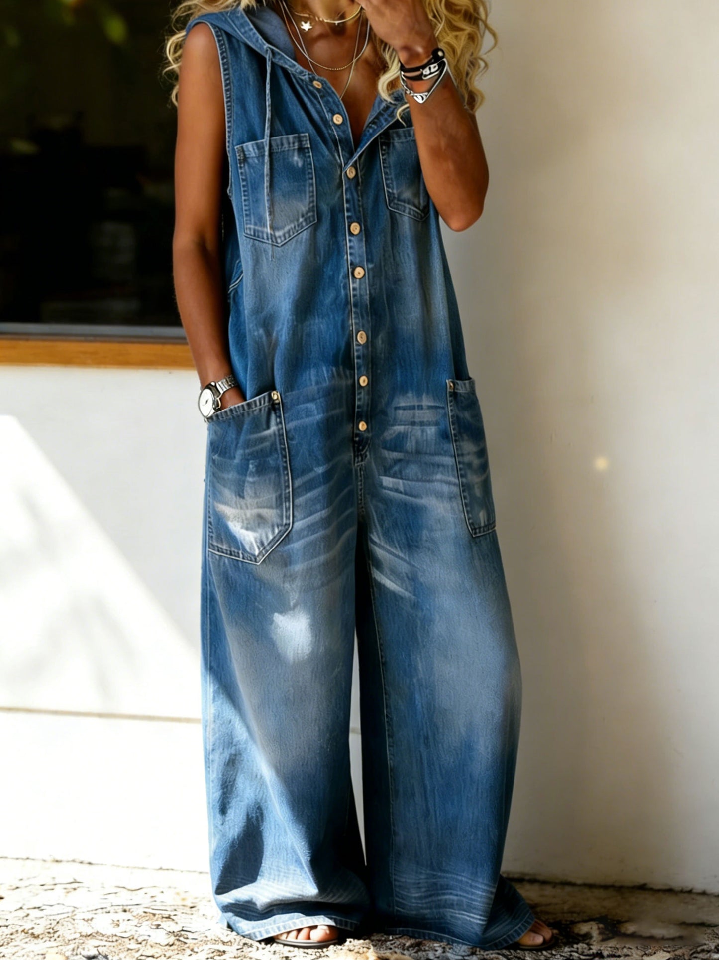Women’s Casual Sleeveless Denim Hoodie Jumpsuit