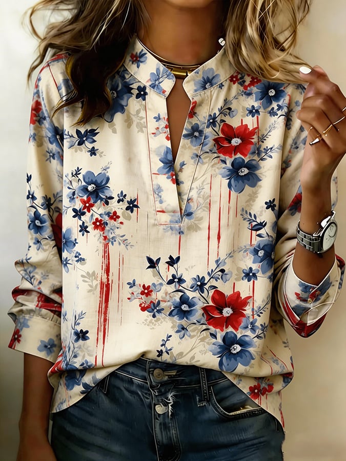 Women's 250th Anniversary Floral Print Half Sleeve Casual Blouse