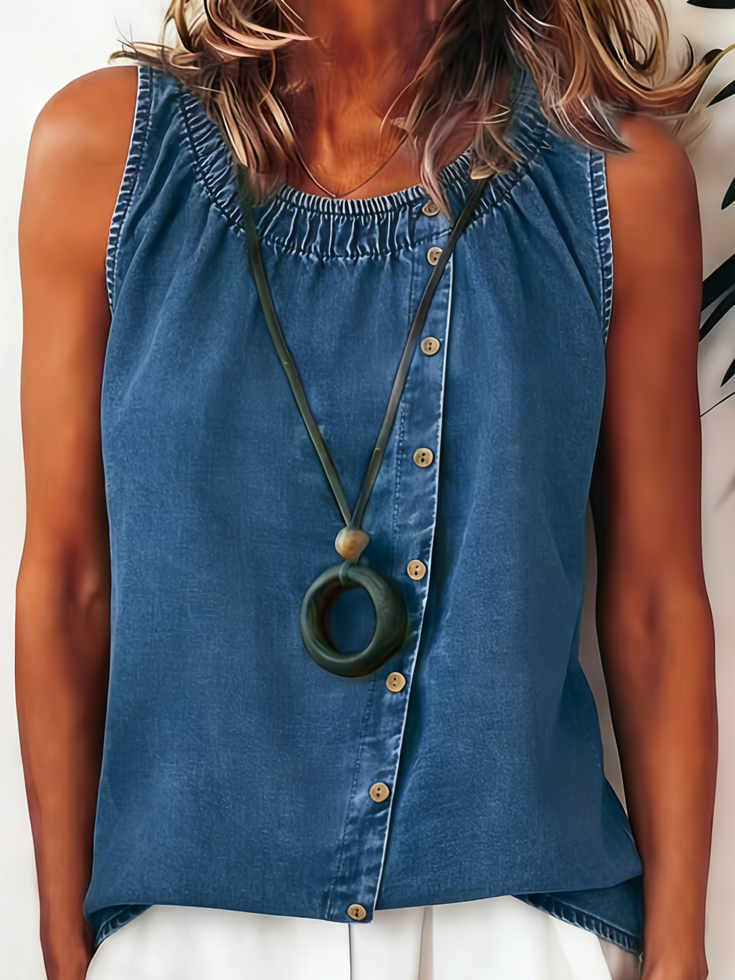 Women’s Elastic-Waist Sleeveless Button-Up Denim Top