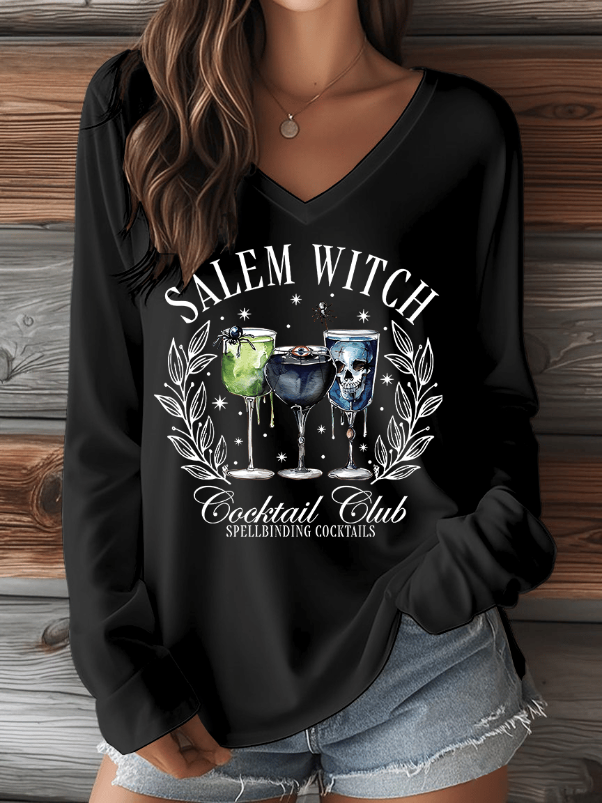 🔥HOT SALE🔥Women's Halloween Salem Witch Cocktail Club Spellbinding Cocktails Print V-Neck Long Sleeve T-Shirt