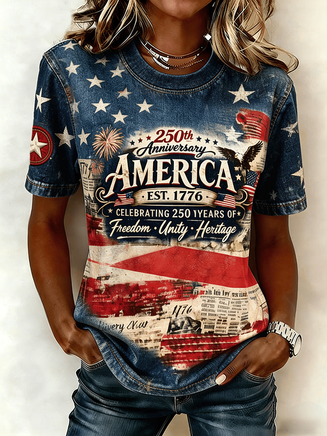 American 250th Anniversary of Patriotism Vintage Print Women's Short-Sleeve T-Shirt