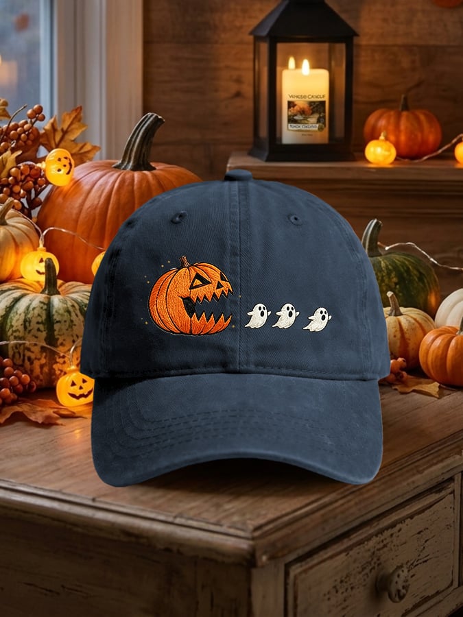 Retro Halloween Pumpkin Eat Ghost Print Baseball Cap
