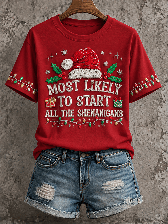 'The Person Most Likely To Instigate All The Pranks' - Comfortable Crew Neck Short-Sleeved Christmas T-Shirt