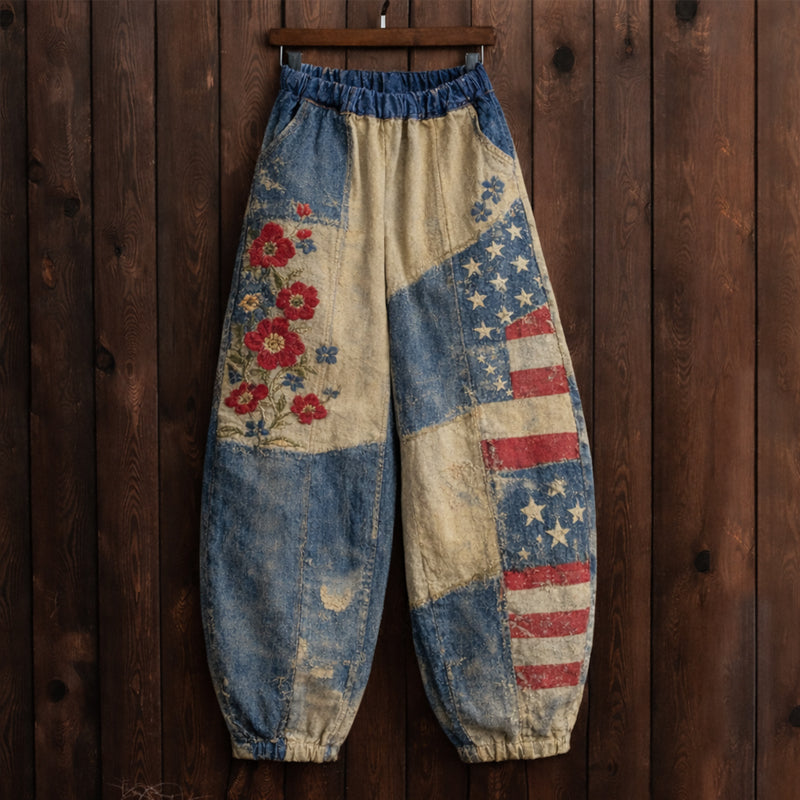 US 250th Anniversary Retro Floral Print Casual Pants