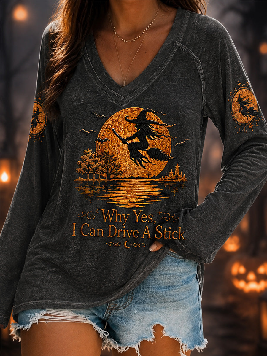 Women's Funny Halloween Witch Why Yes,Actually I Can Drive A Stick Print Casual V-Neck Tops