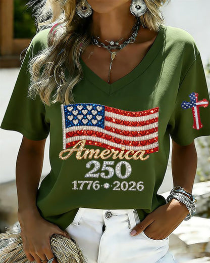 US 250 Anniversary Rhinestone Flag Printed V-Neck Red Short Sleeve T-Shirt