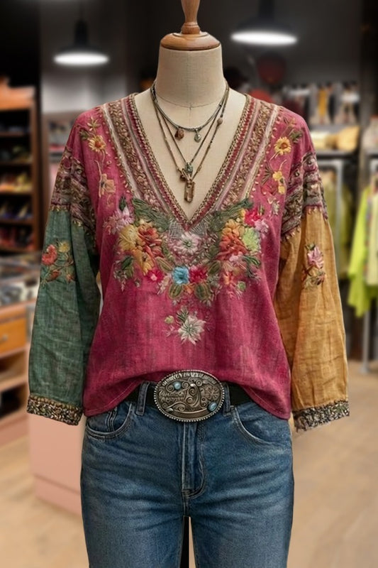 Boho Flower Print V-Neck Long Sleeve Top