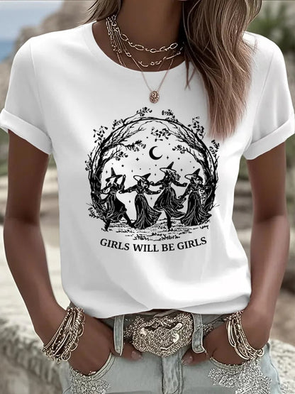 🔥HOT SALE🔥Women's Vintage Girls Will Be Girls Witch Print Casual T-shirt