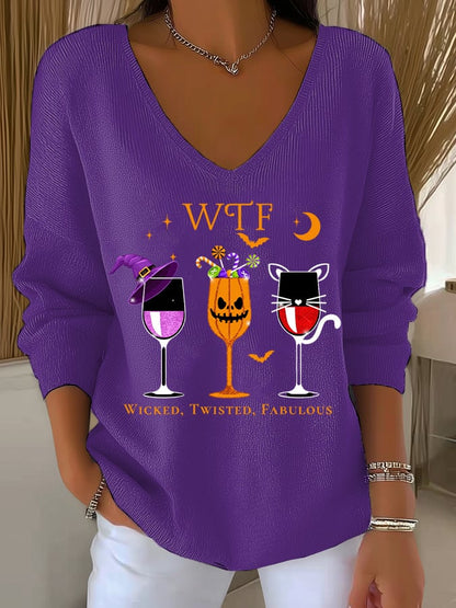 🔥HOT SALE🔥Women's WTF Wicked Twisted Fabulous Print V Neck Sweater