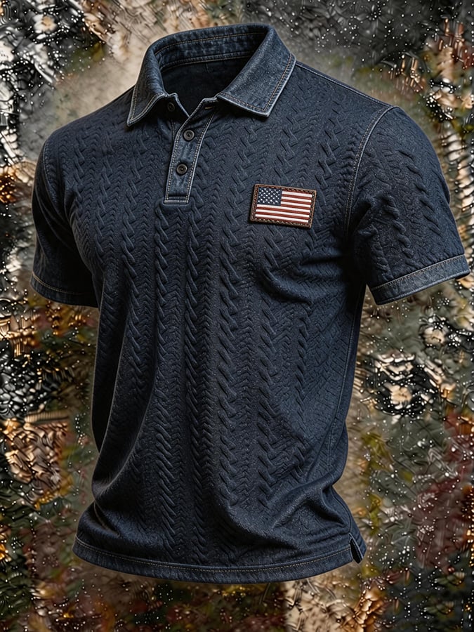 Men's Textured Quilted Denim Polo Shirt, American Flag Patch Slim Fit Casual Western Short Sleeve Top