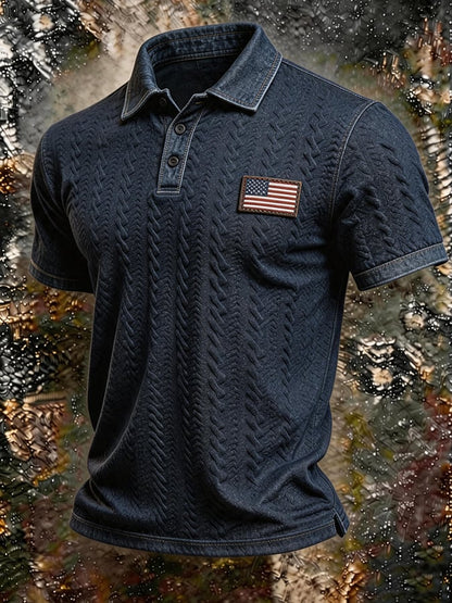 Men's Textured Quilted Denim Polo Shirt, American Flag Patch Slim Fit Casual Western Short Sleeve Top