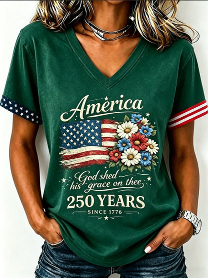Women's Floral American Flag Printed Casual T-shirt