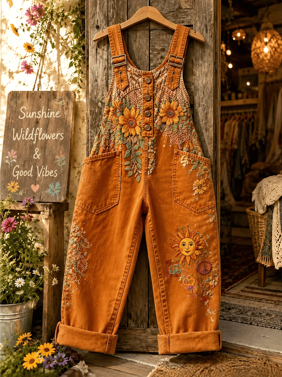 Women's Retro Style Art Print Washed Cotton Denim Patchwork Jumpsuit