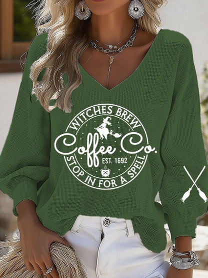 Women's Halloween Witches Brew Coffee Print Casual Puff Sleeve Top